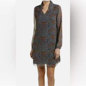 Women’s cabi provincial sheath dress blue and brown XS long sleeve boho shift